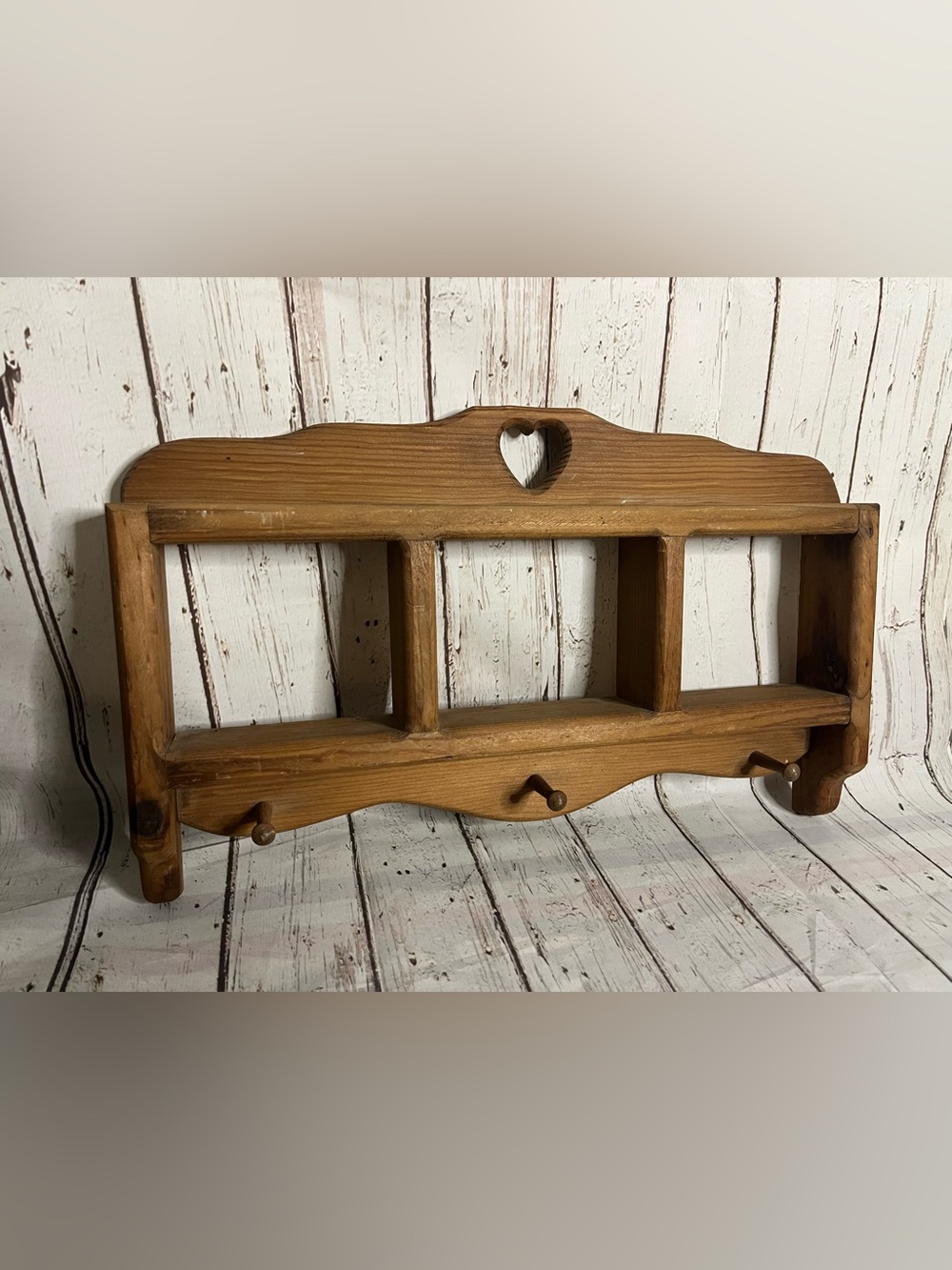 Vintage Wooden Wall Shelf Peg Rack Cottagecore Heart Cutout Rustic Country Shelf